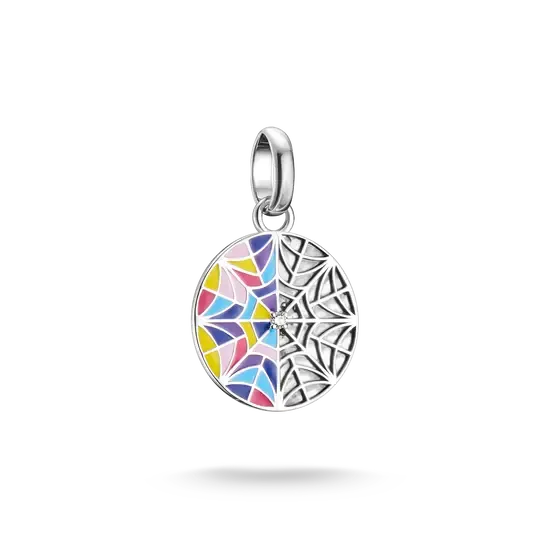Silberner Charm-Anhänger mit ovalem Motiv und buntem Muster, mit Aufhängeschlaufe