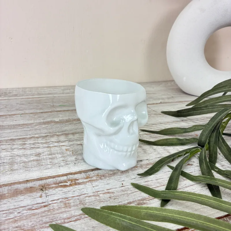 Teelichthalter Totenkopf 10cm Weiß Keramik Kerzenhalter Deko