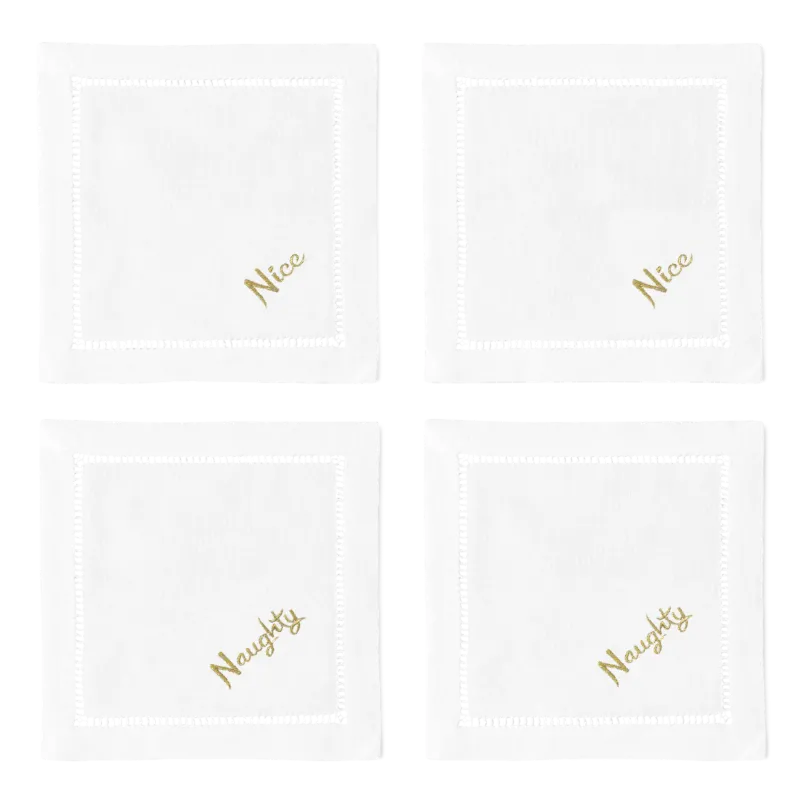 Henry Handwork white linen cocktail napkins with gold "Naughty" and "Nice" embroidery, set of four.