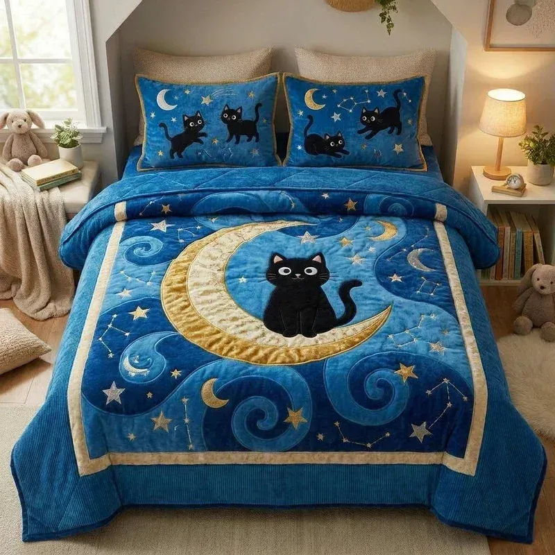 Crescent Moon Cat Bamboo Quilt Bedding Set
