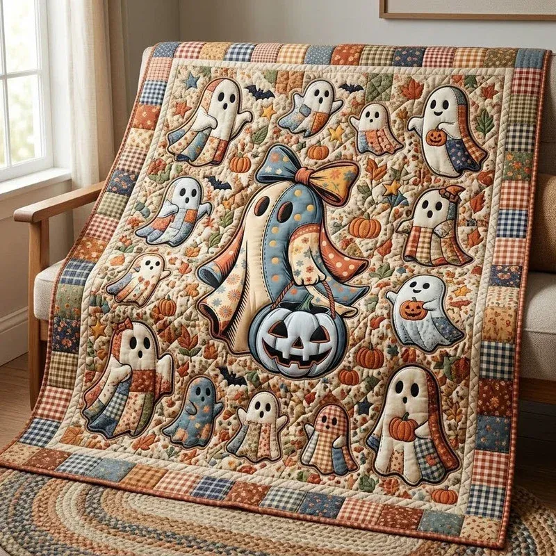 Cute Ribbon Ghosts Bamboo Quilt Blanket