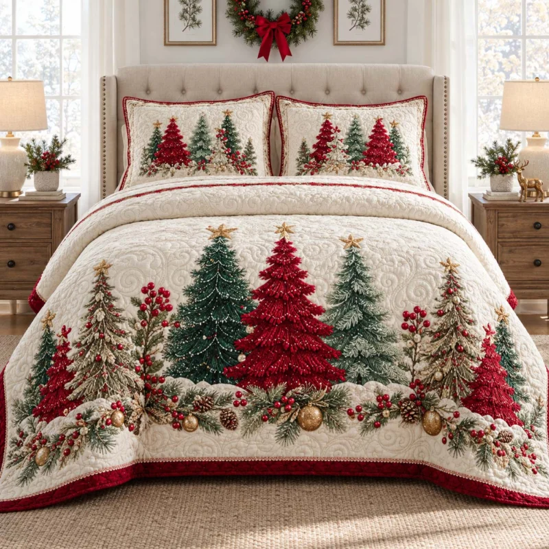 Festive Christmas Tree Forest Bamboo Quilt Bedding Set
