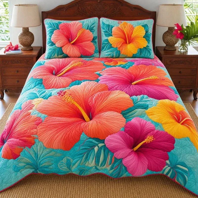 Floral Paradise Tropical Bamboo Quilt Bedding Set