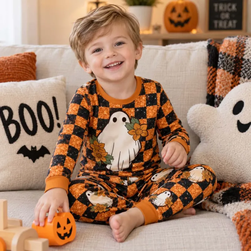 Floral Ghosts Halloween Bamboo Two Piece Long Sleeve Pajama Set