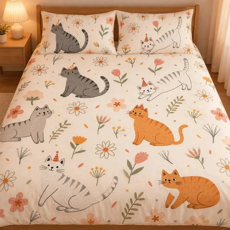 Floral Party Cats Bamboo Bedding Set