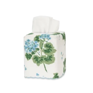 Matouk Geranium Linen tissue box cover with blue floral and green leaf print.