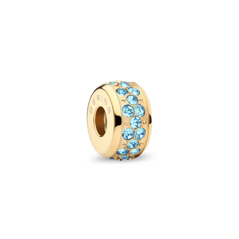 Charm-Anhänger aus Edelstahl (Bering) mit blauen Steinchen, goldfarbenes Band