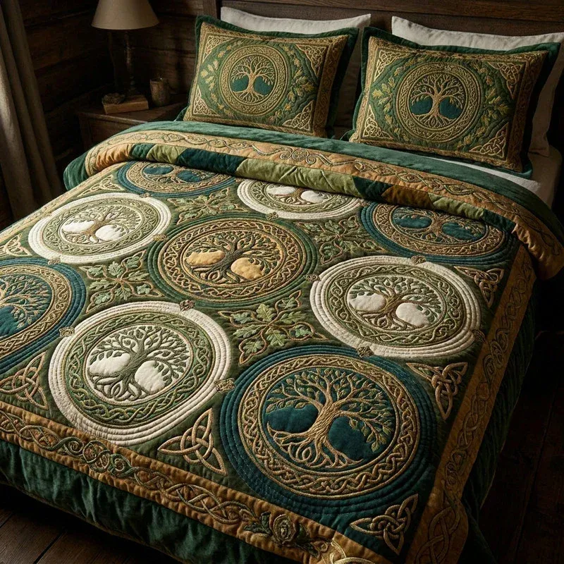 Gold Border Tree Bamboo Quilt Bedding Set