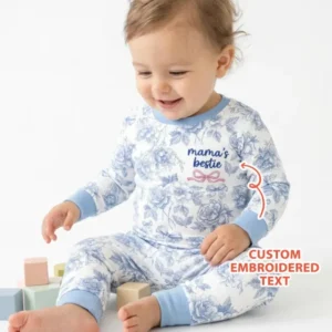 Custom Embroidered Mommy and Me Toile Matching Bamboo Two Piece Long Sleeve Pajama Set