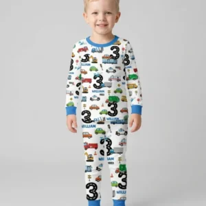 Personalized Birthday Boy Transportation Vehicles Bamboo Two Piece Long Sleeve Pajama Set