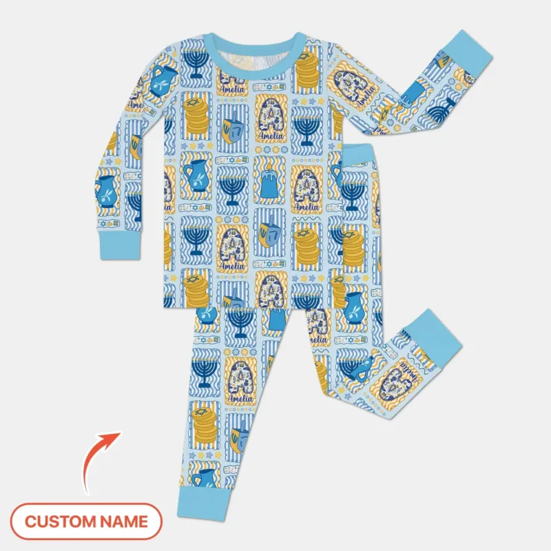 Custom Name Hanukkah Wonderland Bamboo Two Piece Long Sleeve Pajama Set