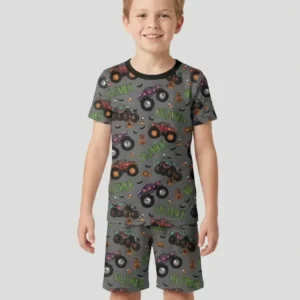 Custom Name Haunted Monster Trucks Bamboo Two Piece Short Sleeve Shorts Pajama Set