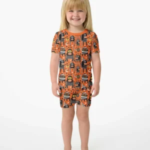 Mid Century Halloween Monster Toss Bamboo Two Piece Short Sleeve Shorts Pajama Set