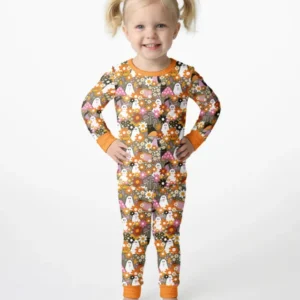 Retro Ghost Mushroom Floral Halloween Bamboo Two Piece Long Sleeve Pajama Set