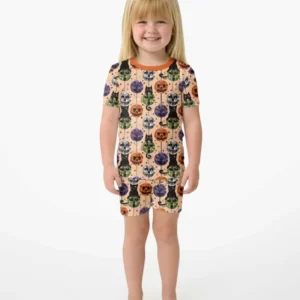 Groovy Halloween Disco Cat Bamboo Two Piece Short Sleeve Shorts Pajama Set