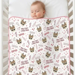 Custom Name Cute Reindeer My First Christmas Bamboo Blanket