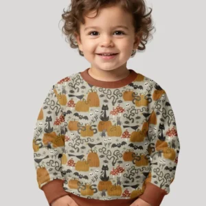 Cottagecore Halloween Cat Pumpkin Mushroom Bamboo Crewneck Sweatshirt