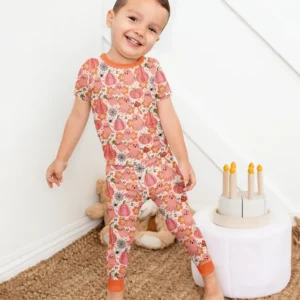 Pink Ghost Pumpkin Fall Floral Halloween Bamboo Two Piece Short Sleeve Pajama Set