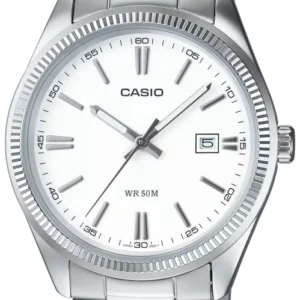 Casio Herrenuhr mit silberfarbenem Metallarmband, weißem Zifferblatt, Datumsanzeige