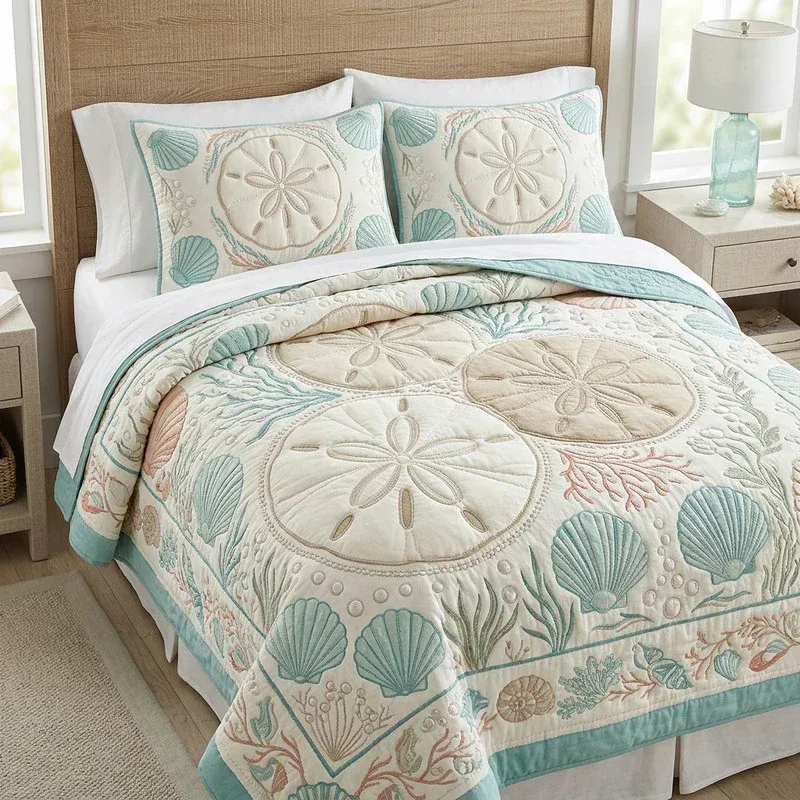 Ocean Treasure Shells Bamboo Quilt Bedding Set