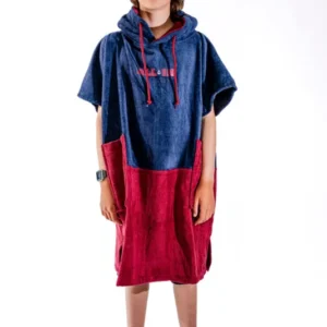 Poncho surf junior ALL-IN Hossegor, vue de face, éponge coton navy et rouge, SS26