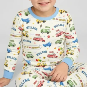 Personalized Transportation Birthday Bamboo Two Piece Long Sleeve Pajama Set