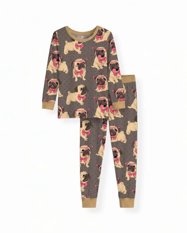 Pink Bow Pug Puppies Bamboo Two Piece Long Sleeve Pajama Set – Bild 2