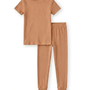 Caramel Ribbed Bamboo Two Piece Short Sleeve Pajama Set