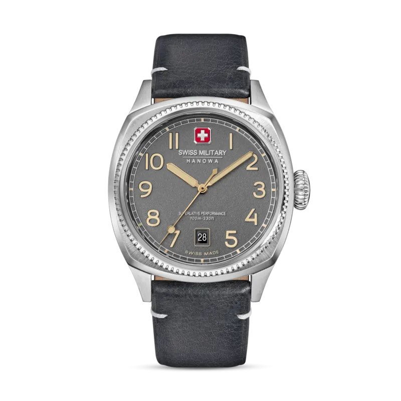 Swiss Military Hanowa Herrenarmbanduhr mit dunkelgrauem Lederband, rundem Gehäuse, Datum