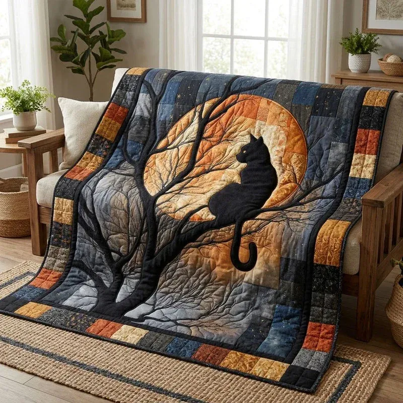 Spooky Moonlit Cat Bamboo Quilt Blanket