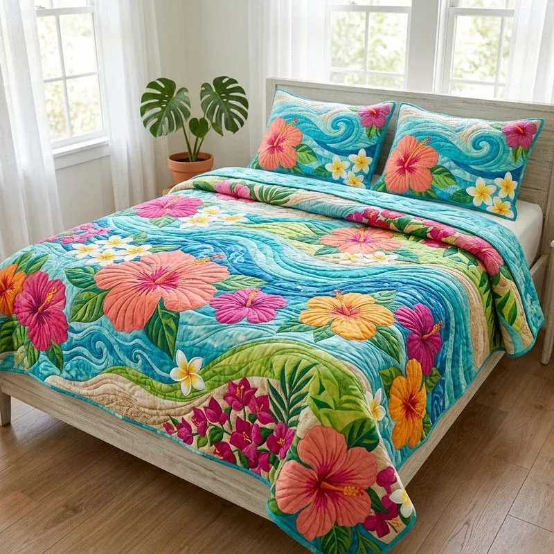 Swirl Wave Tropical Bamboo Quilt Bedding Set