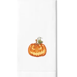 Henry Handwork white linen hand towel with embroidered orange jack-o-lantern motif.
