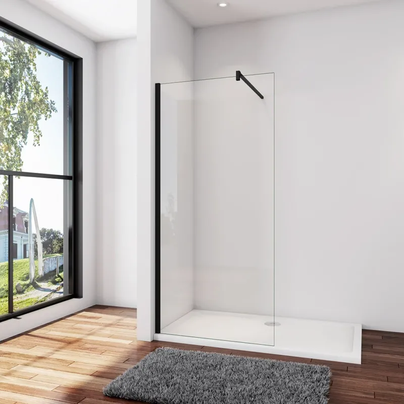 Walk In Dusche Duschwand 30 x H.200 cm 8mm NANO Glas Schwarz Stabistange 140 cm Duschhaus