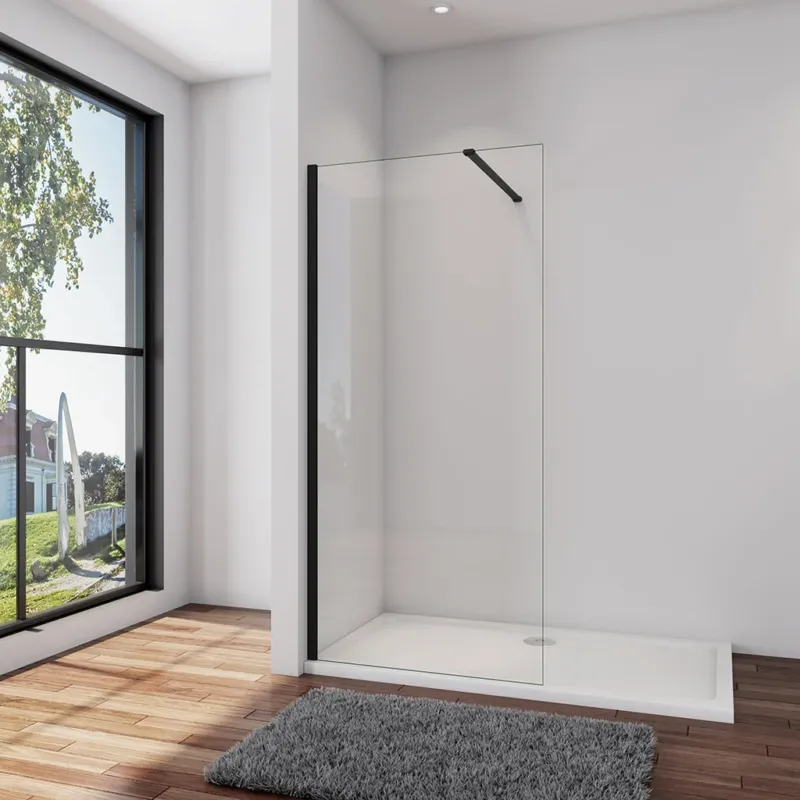 Walk In Dusche Duschwand 85 x H.200 cm 8mm NANO Glas Schwarz Duschhaus