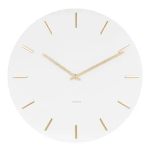 Weiße Wanduhr mit goldenen Stabindexen und Zeigern, rundes Ziffernblatt