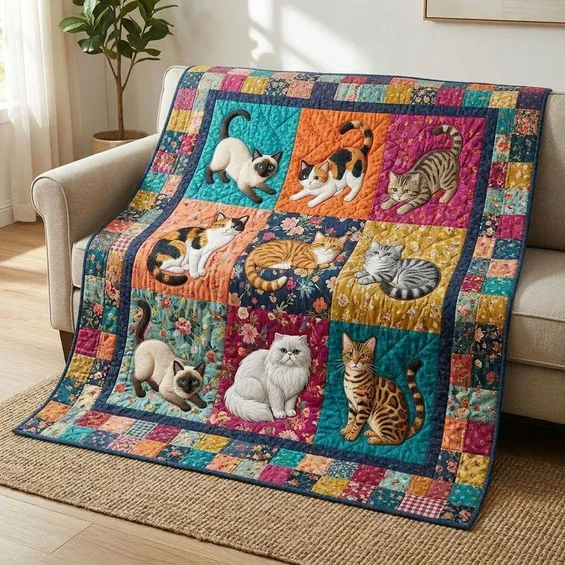 Whimsical Cat Patchwork Bamboo Quilt Blanket