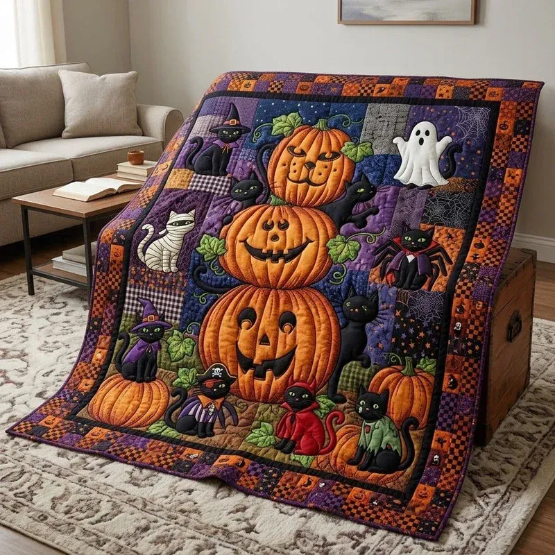 Witchy Cat Pumpkin Bamboo Quilt Blanket