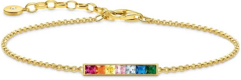 Armband mit goldfarbener Kette und bunten Steinen, rechteckiges Stein-Element