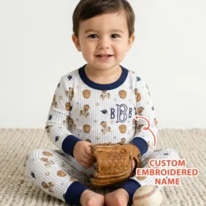 Personalized Embroidered Teddy Bear Baseball Baby Bamboo Two Piece Long Sleeve Pajama Set