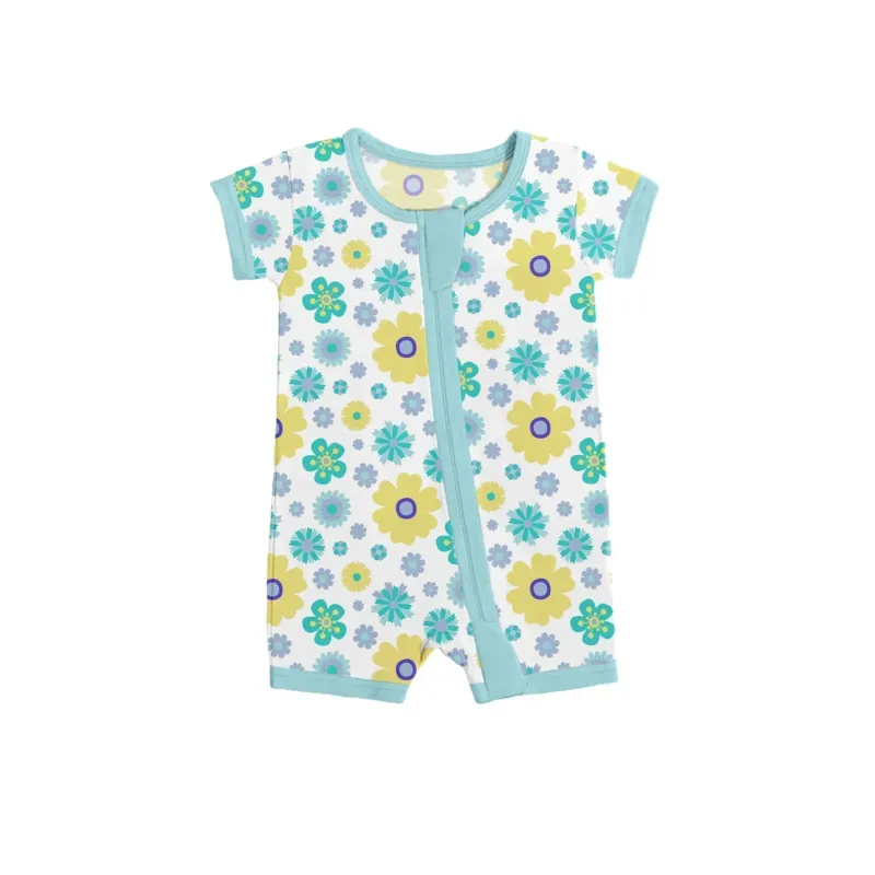Aqua Floral Shorty Zippered Romper , Aqua Floral Shorty Zippered Romper - 0-3M