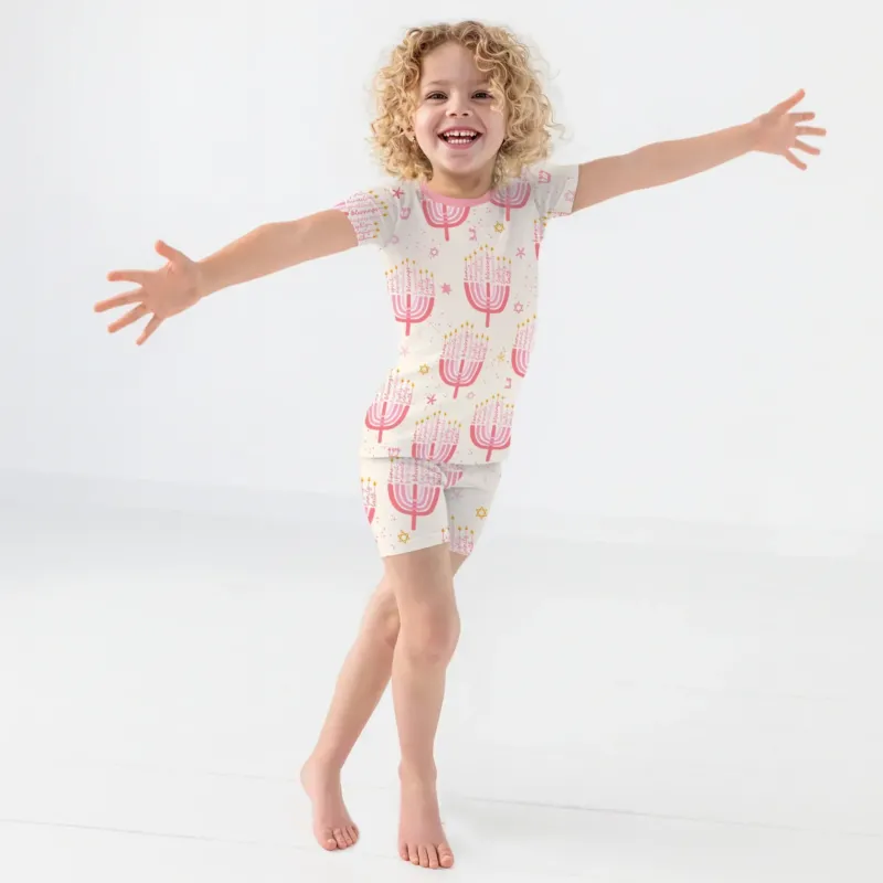 Hannukkah Menorah Family Matching Two Piece Short Sleeve Shorts Pajama Set , Hannukkah Menorah Family Matching Two Piece Short Sleeve Shorts Pajama Set - 12-18M / Girl