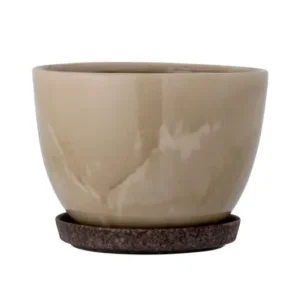 Blumentopf Lunna – Naturglasur in Braun mit Untertasse