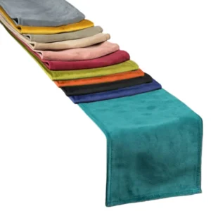 Samt Tischband in den Farben stein-grau, schwarz, admiral-blau, petrol, mai-gruen, taupe, braun-beige, altrosa, karmin-rot, rost-orange und curry-senf-gelb.