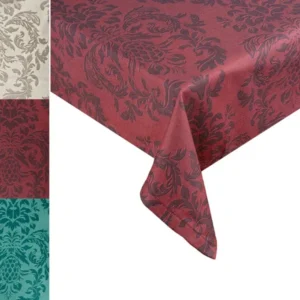 Rote Tischdecke, bedruckt mit barocken Ornamenten in einem dunkleren Rot. Daneben sind Farbmuster in Beige, Rot und Petrol, bedruckt mit barocken Ornamenten in derselben Farbe nur etwas dunkler.
