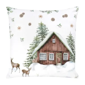Weisse Kissenhuelle ca. 50x50 cm – Winterdeko mit Hütte und Rehen – 100% Baumwolle – beties Magie des Winters "Moggl-Hütte"