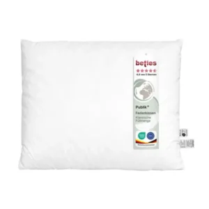 beties Publik Federkissen Fuellkissen 40x50 cm – weisses Kissen mit klassischer Federfuellung freigestellt auf weissem Hintergrund mit etikett