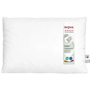 beties Publik Federkissen Fuellkissen 40x60 cm – weisses Kissen mit klassischer Federfuellung freigestellt auf weissem Hintergrund mit etikett