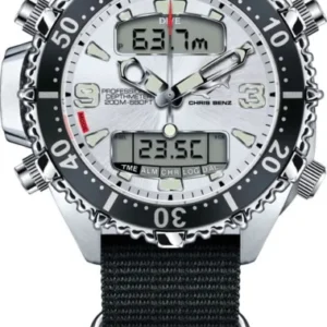 Herrenuhr mit schwarzem Textilarmband, analogen Zeigern und digitalem Tiefen-Display