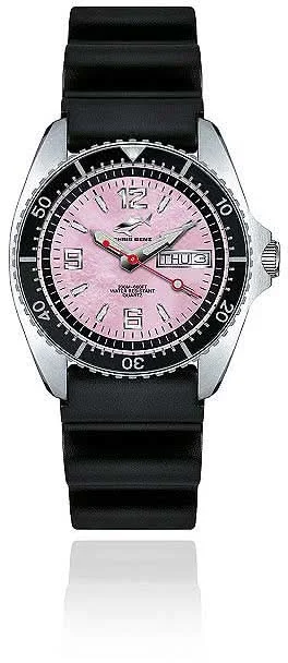 Damenuhr mit rosa Zifferblatt, schwarzem Gehäuse und schwarzem Silikonarmband