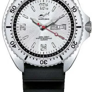 Herrenuhr mit schwarzem Lederarmband, silbernem Gehäuse und weißem Zifferblatt